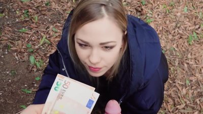 During walk in park, dude notices delightful teen and successfully coaxes her to have quickie. In exchange for specie she polishes prick making it